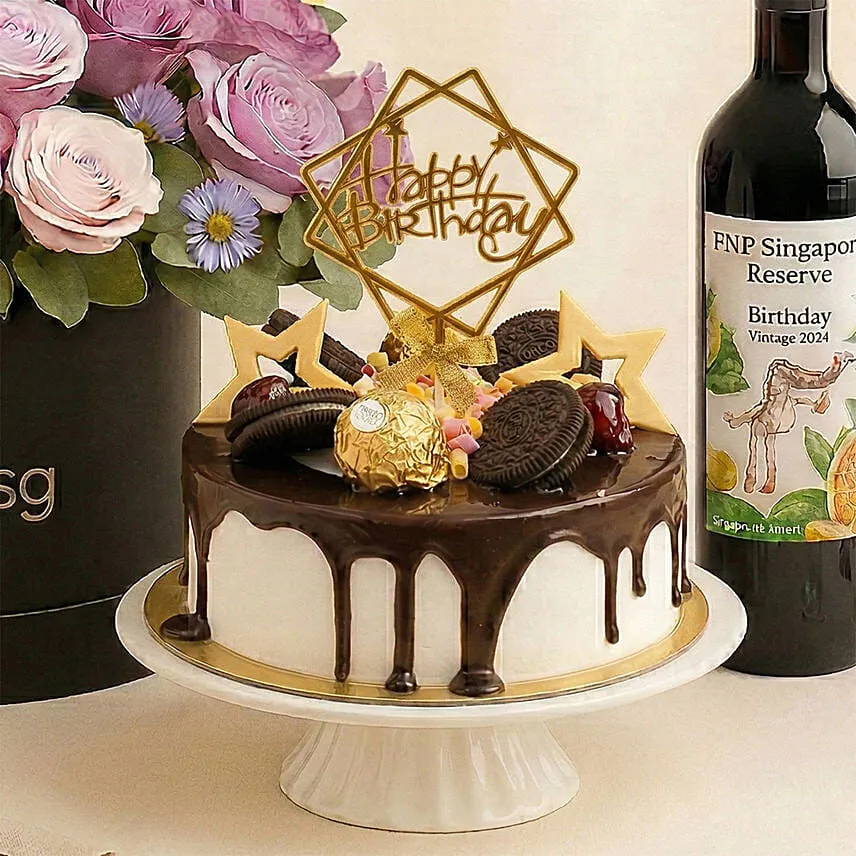 Birthday Flowers Cake and Wine