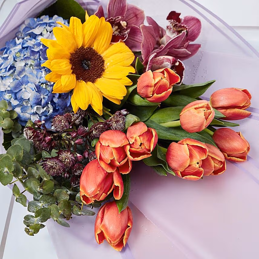 Vibrant Mixed Flowers Wrapped Bouquet