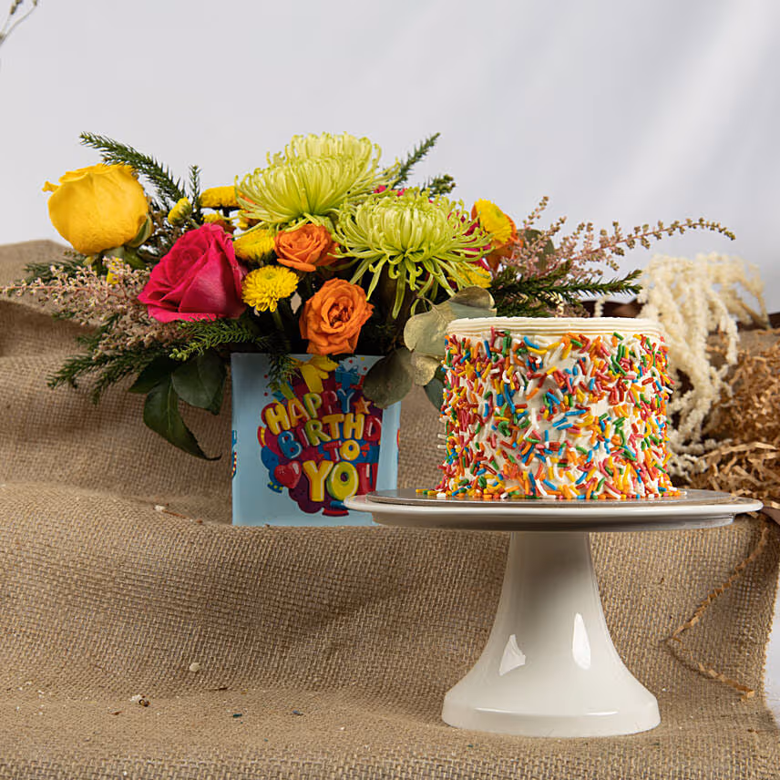 Estatic Birthday Flowers Vase With Cake