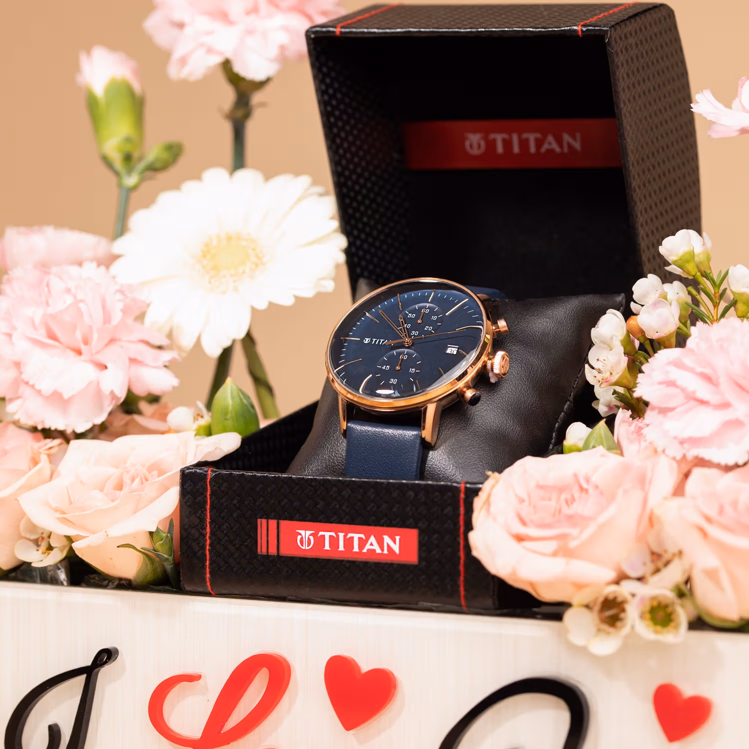 Titan Infinity Display Blue Dial Chronograph Watch with Leather Strap for Men in a Romantic 'I Love You' Flower Box