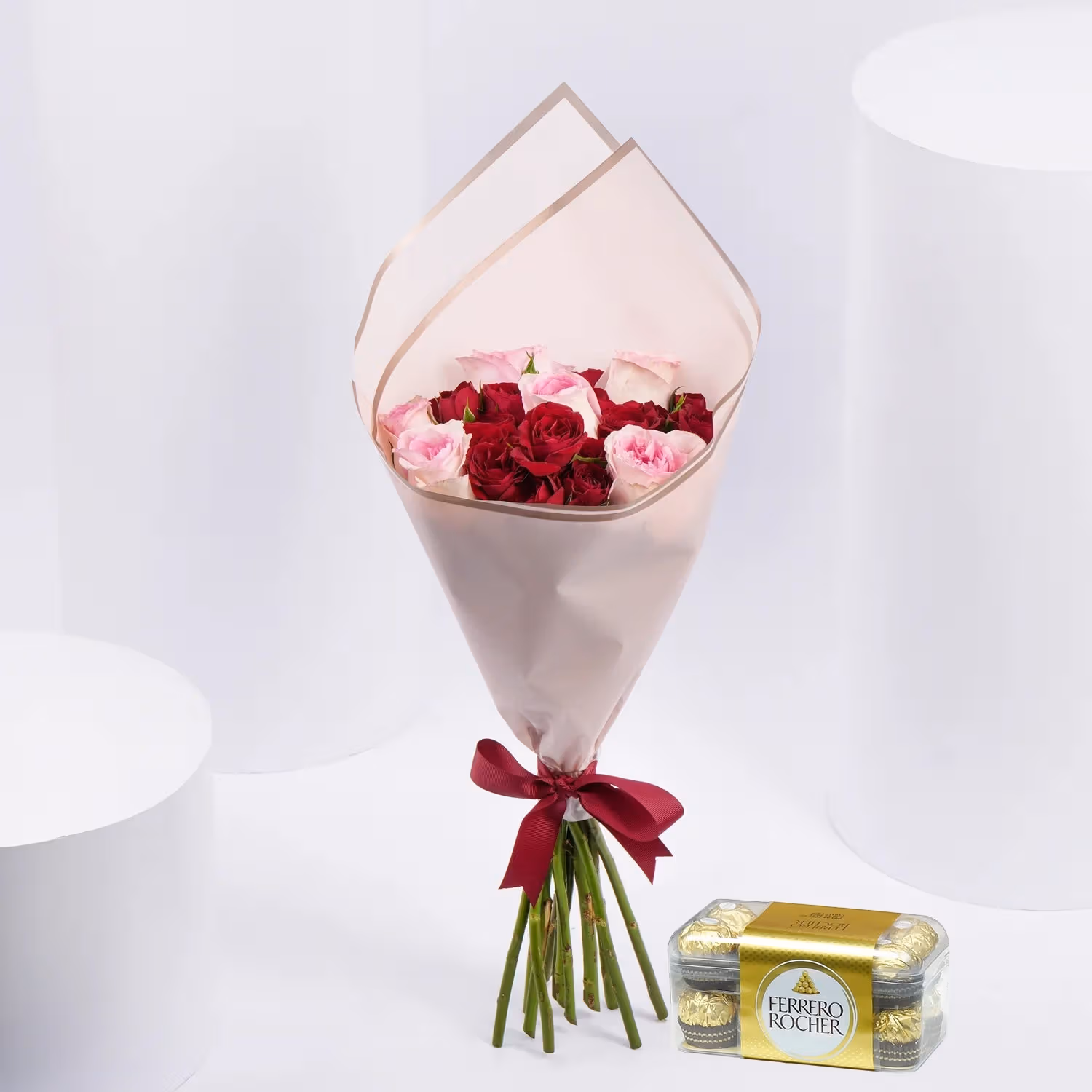 Moments in Bloom: Elegant Pink and Red Rose Bouquet - With Cake