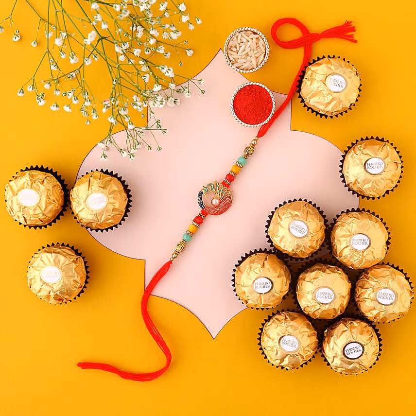 Sneh Colourful Pearls Rakhi & Ferrero Rocher Box