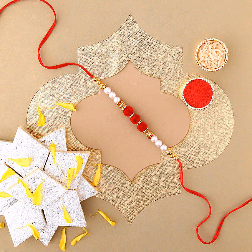 Sneh Red White Pearl Rakhi & Kaju Katli