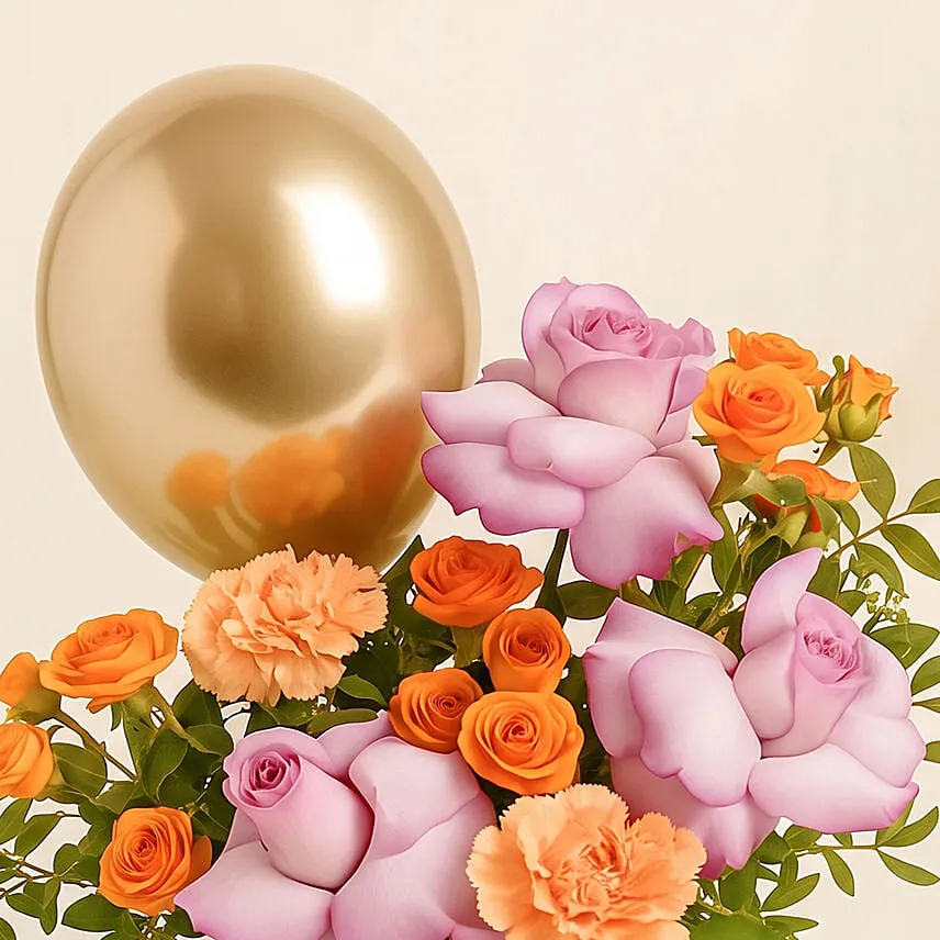 Birthday Flowers and Gold Balloons in Luxury Vase