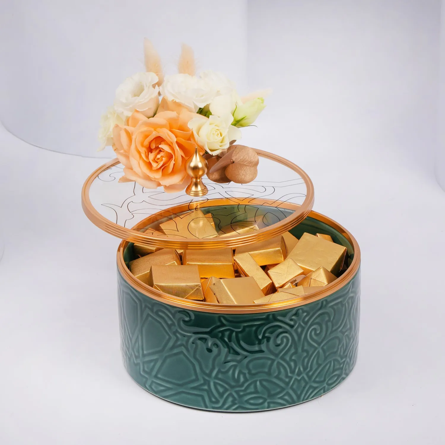 Otantik Home Luxury Green Chocolate Bowl with Elegant Floral Arrangement