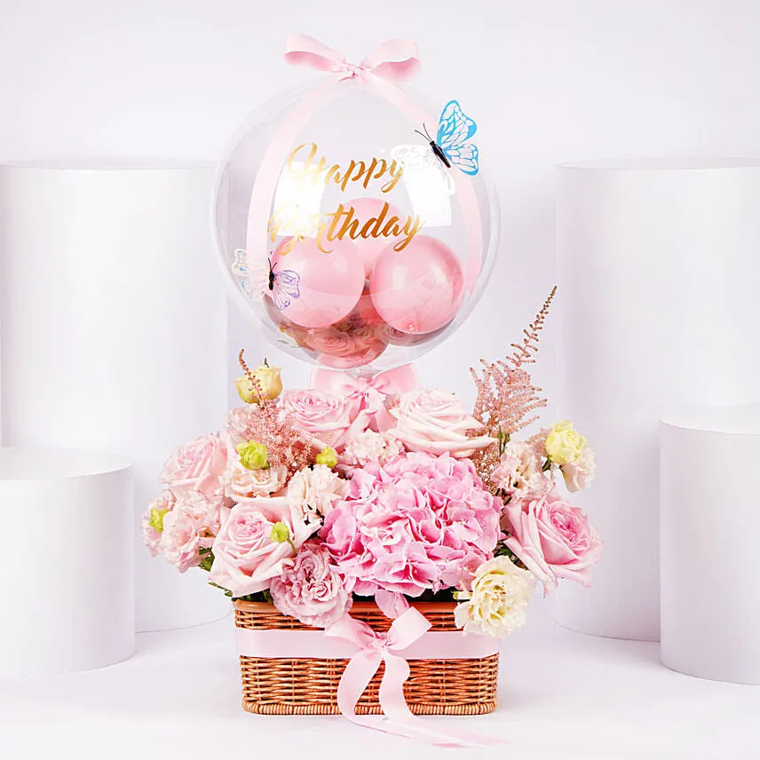 Pink Birthday Flower Basket With Balloon