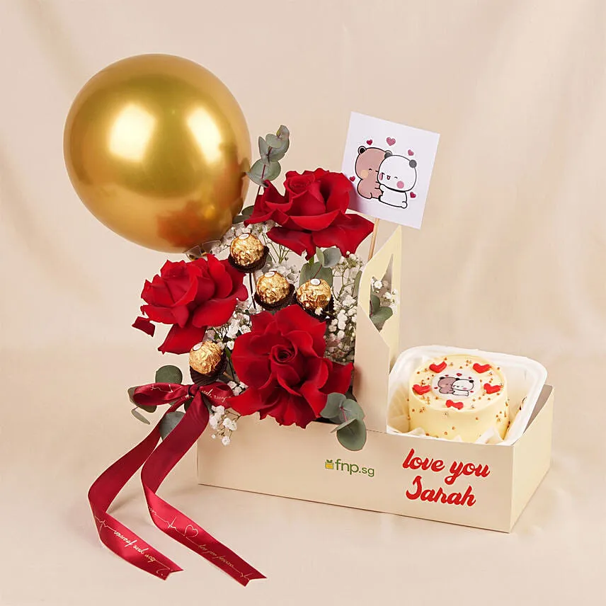 Personalised Gift Box Red Roses Love with Cake