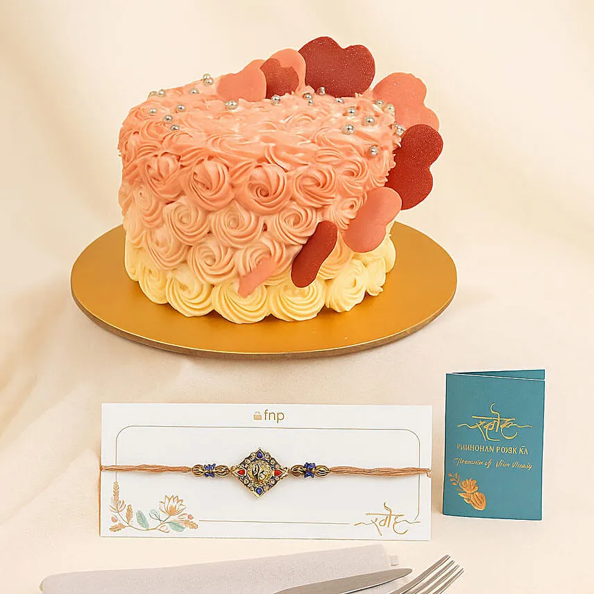 Floral Heart Chocolate Cake With Ganesha Rakhi
