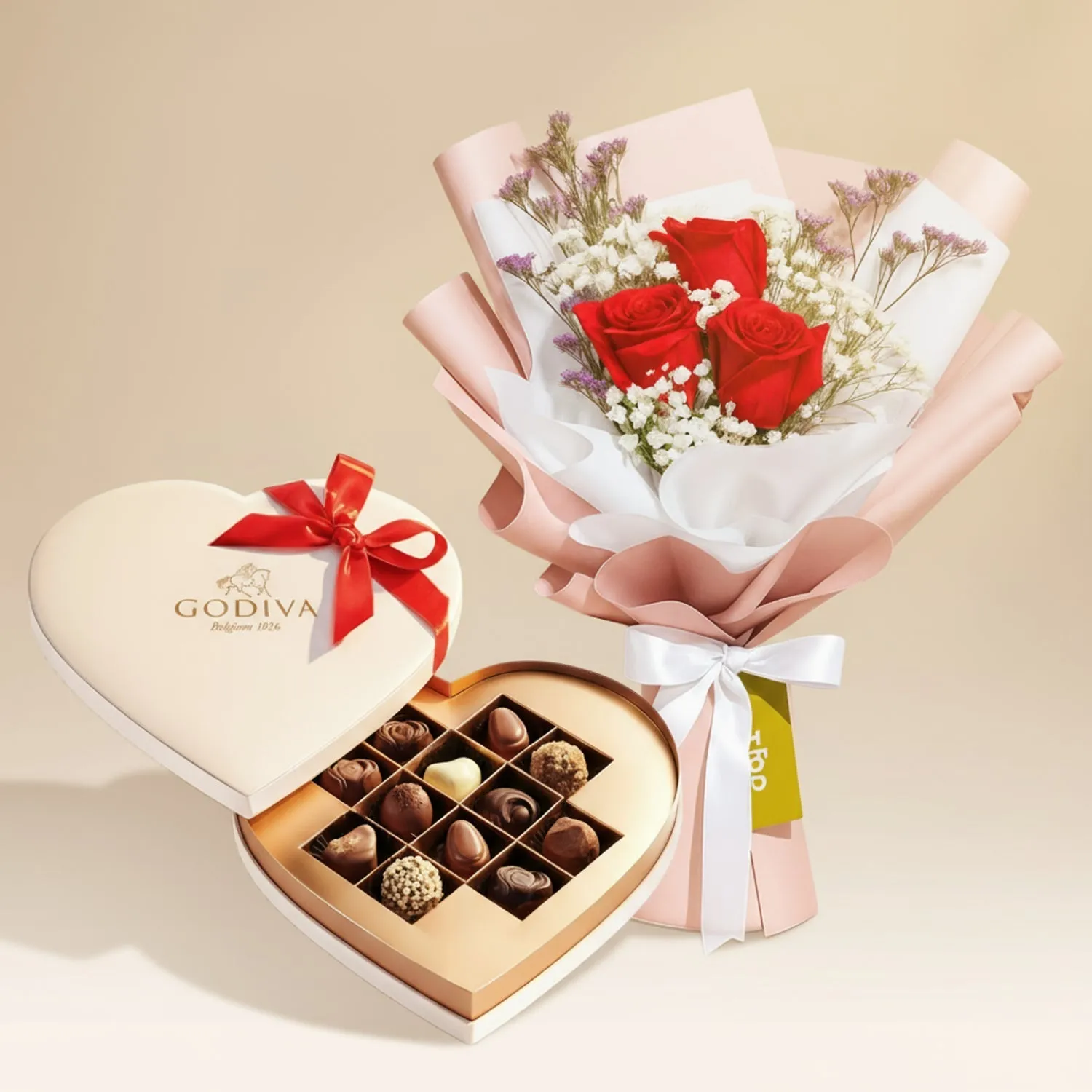 Luxurious Godiva Beige Velvet Heart Gift Box with 12 Exquisite Chocolates and Elegant Red Rose Bouquet