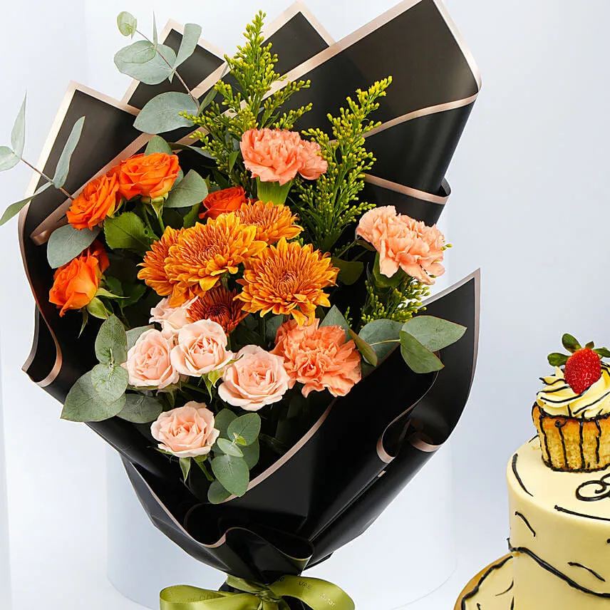 Comical Treat Birthday Chocolate Cake n Flowers