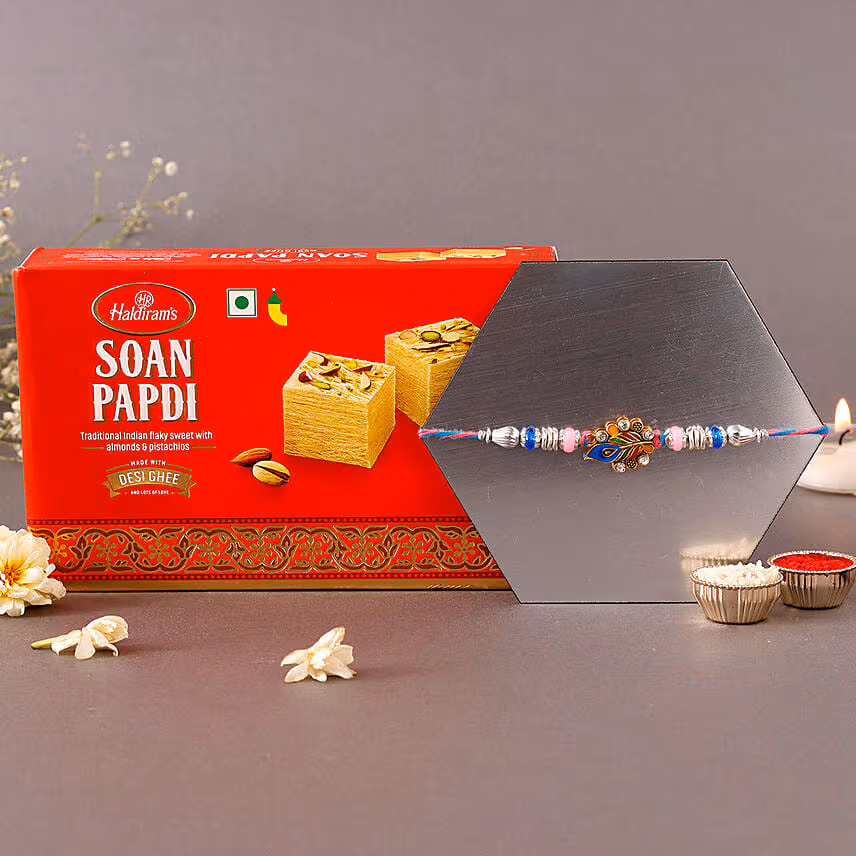 Sneh Blue Peacock Rakhi & Soan Papdi