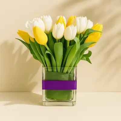 Elegant Arrangement of 20 White and Yellow Tulips in a Stylish Glass Vase