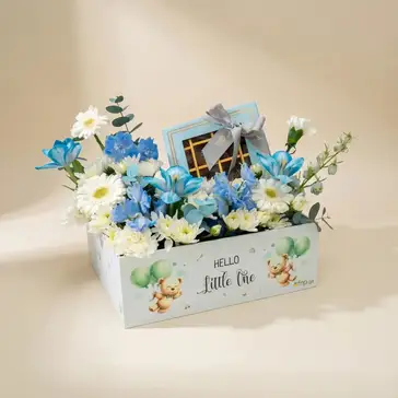 Welcome Little One: Blue & White Floral Delight with Chocolates
