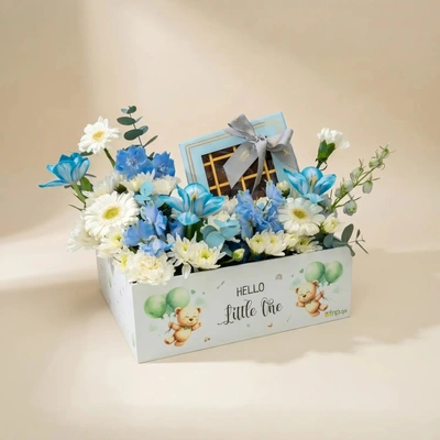 Welcome Little One: Blue & White Floral Delight with Chocolates