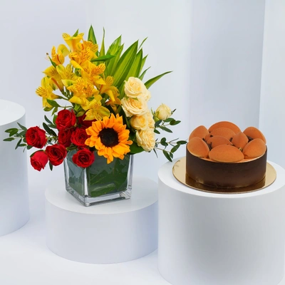 Elegant Mix Flower Arrangement with Delicious Tiramisu Cake Combo