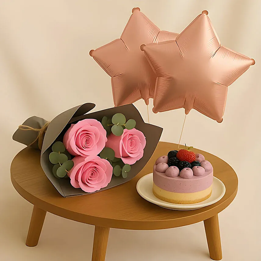 Roses Mini Cake and Star Balloons Bundle Gift