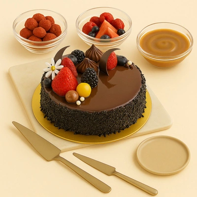 Decadent 1 Kg Fudge Cake with Fresh Berries & Chocolate Decorations