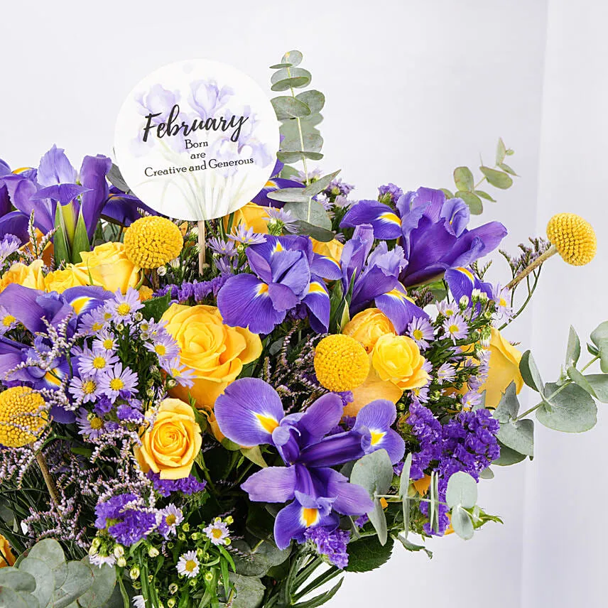 February Birthday Iris Flowers Arrangement and Cake