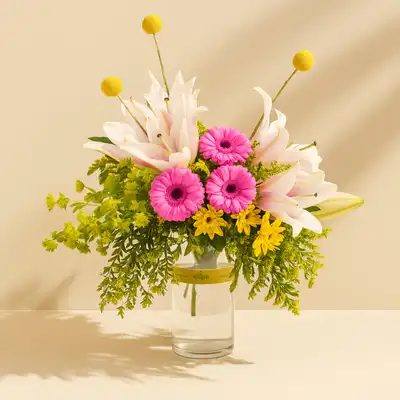 Blooming Elegance: Exquisite Lily & Gerbera Bouquet with Craspedia