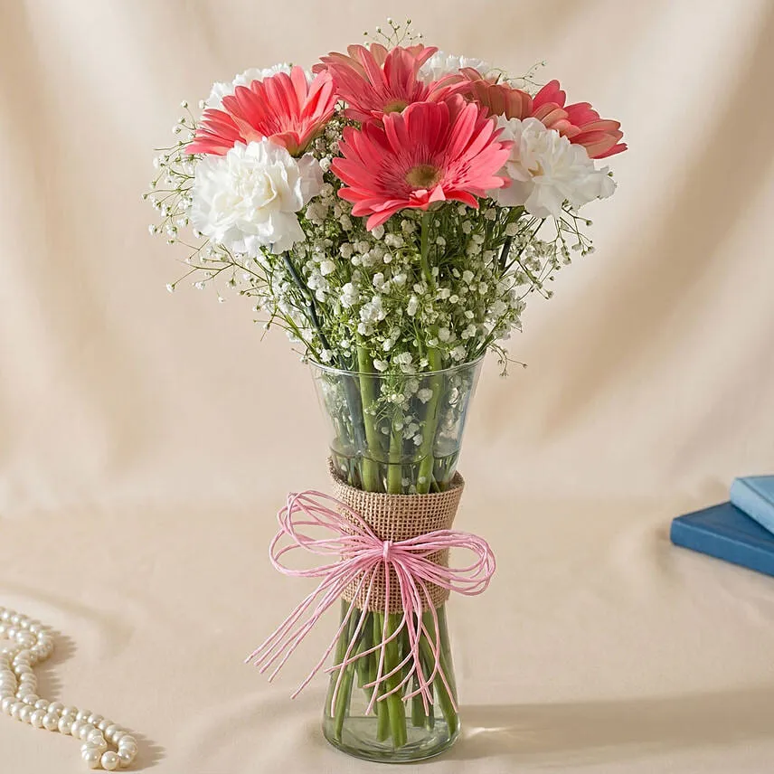 Gerberas White Carnations In Glass Vase