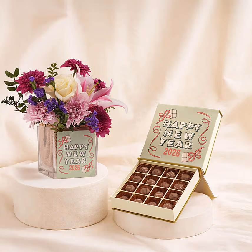 Happy New Year Flowers n Chocolate Truffle Combo