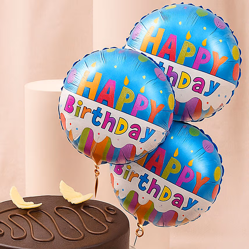 Classic Chocolate Cake with Balloons for Birthday Celebrations