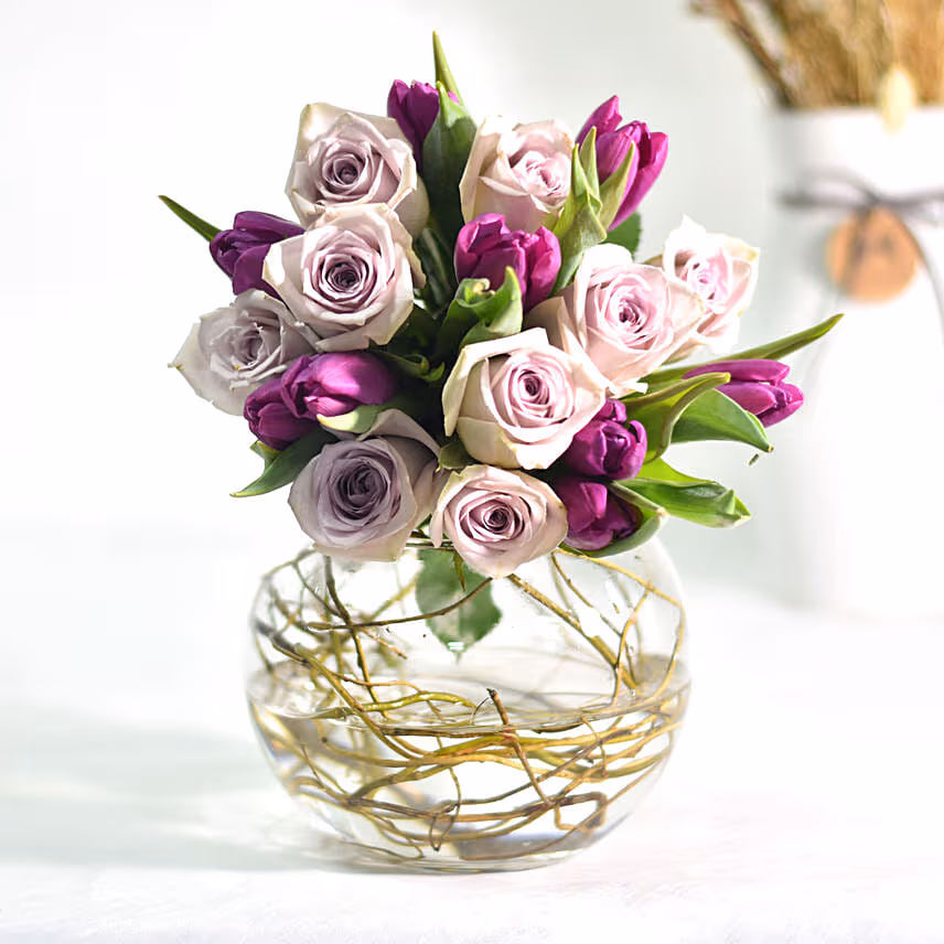 Beautiful Tulips Roses In Fish Bowl With Chocolate Cake