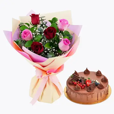 Exquisite Roses Bouquet with Decadent Chocolate Fudge Cake