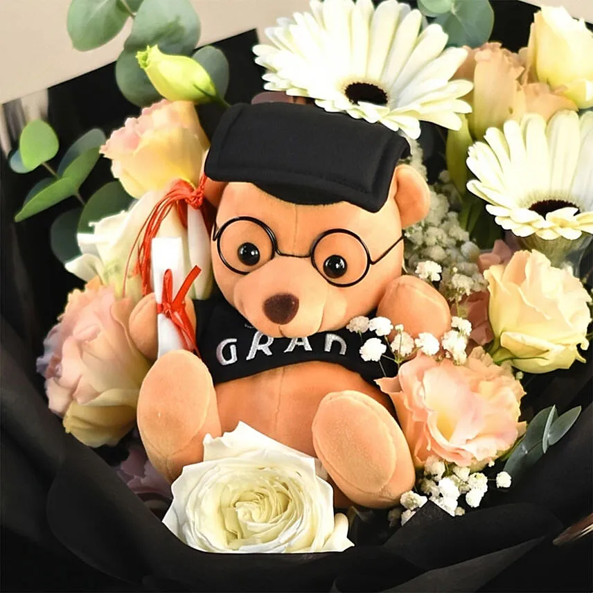 Graduation Hand Bouquet â€“ Elegant Blooms with Plush Teddy
