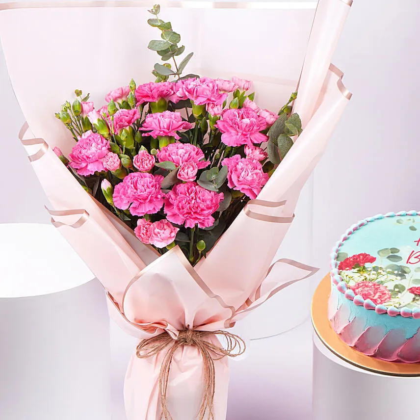 Birthday Wish Cake With Carnation Bouquet
