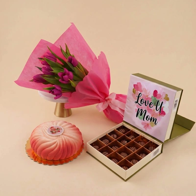Mothers Day Tulip Bouquet with Cake & Chocolates