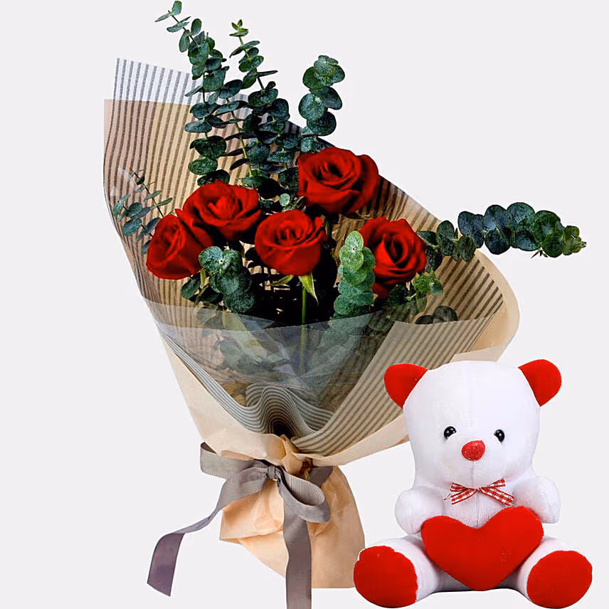 Red 10 Roses Love Bouquet With 6 inches Teddy Bear