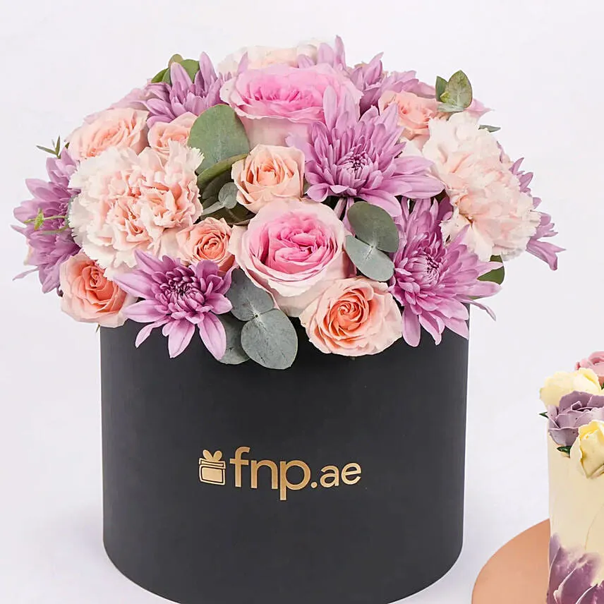 Premium Black Box Flower Arrangement With Chocolate Macaron Cake