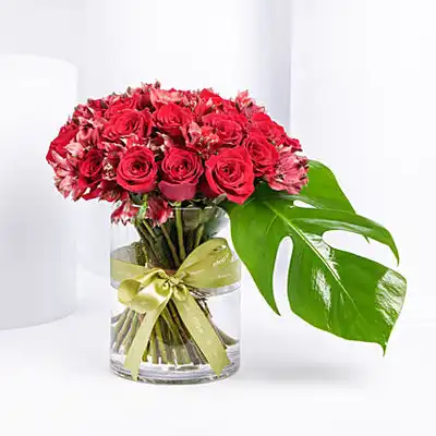 Forever In Love: Elegant Red Rose and Alstroemeria Arrangement