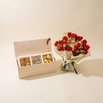 Luxurious Red Rose Bouquet with Premium Arabic Sweets Box - Combos