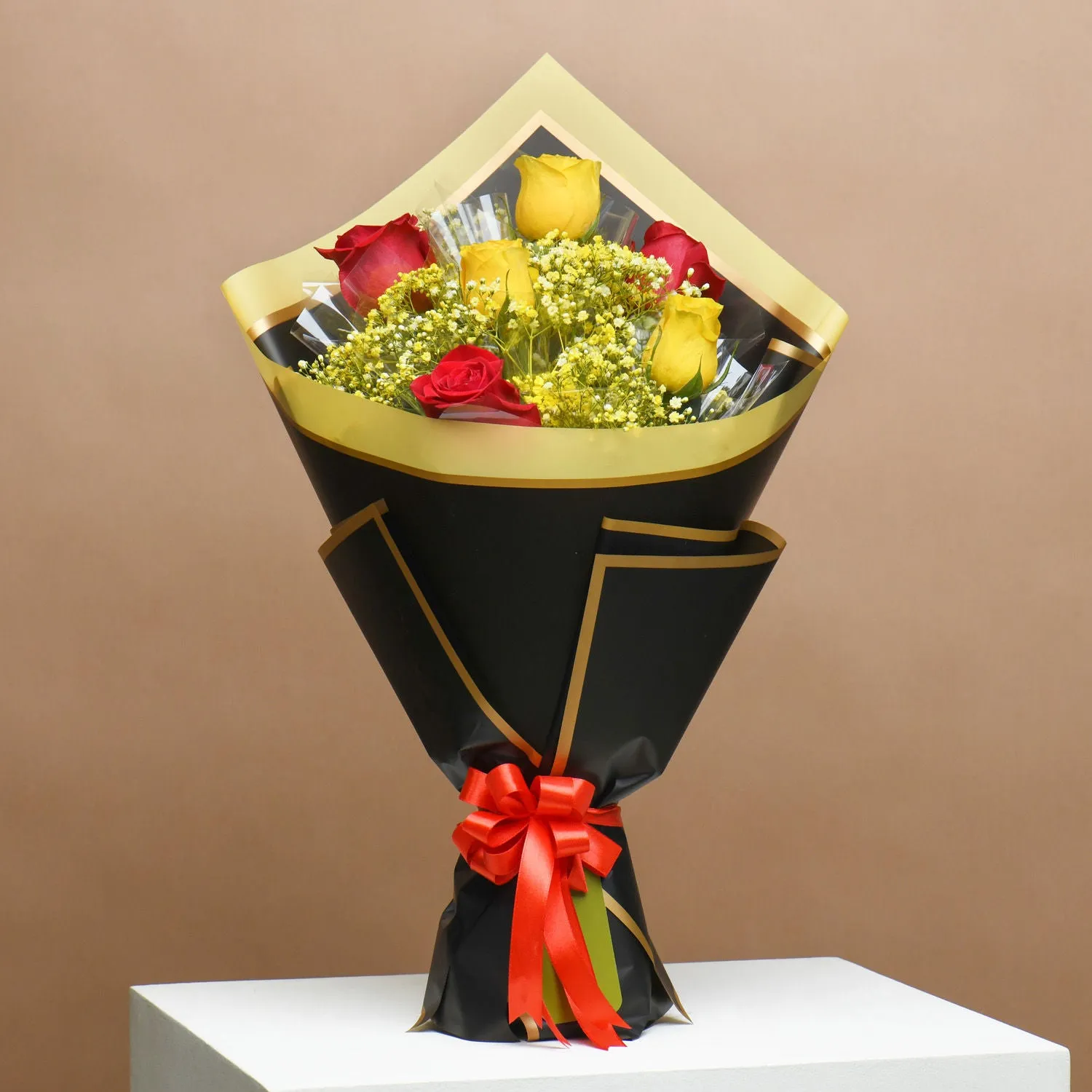 Elegant Sunshine Bouquet with Decadent Chocolate Cake