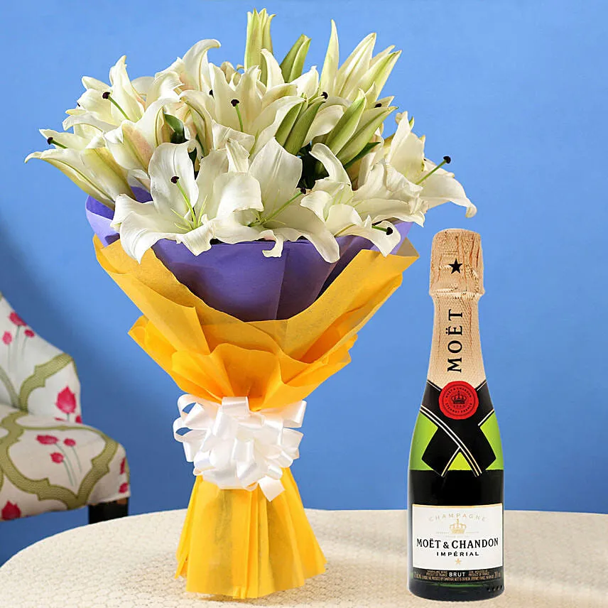 Beautiful 7 White Oriental Lilies Bouquet with Moet Champagne 200ml