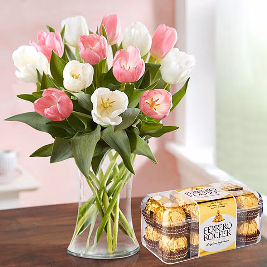 Serene 15 Mixed Tulips Arrangement Ferrero Rocher