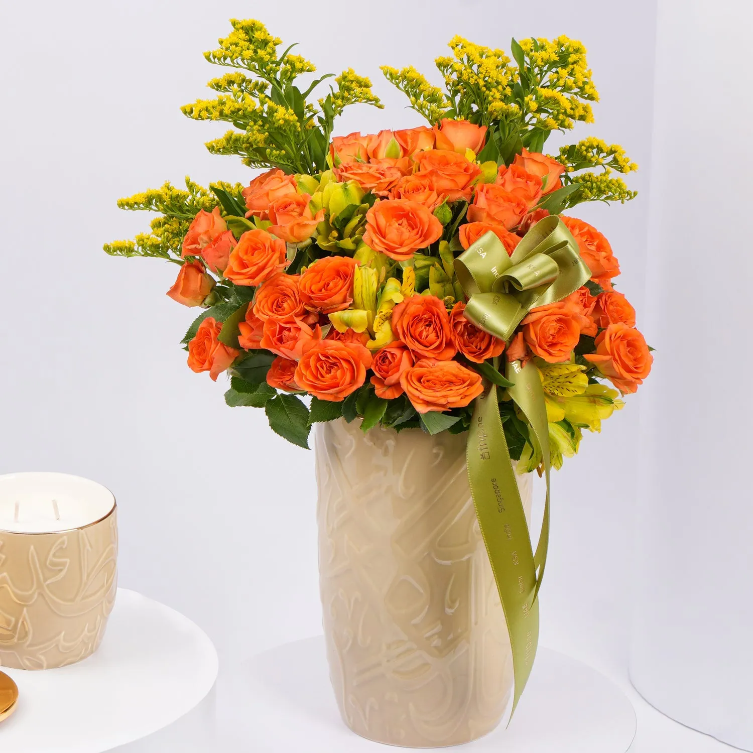 Otantik Home - Elegant Orange Roses & Candle Set in Ivory & Gold