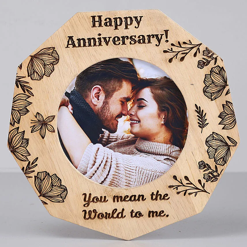 romantic anniversary one personalised wooden frame with cake