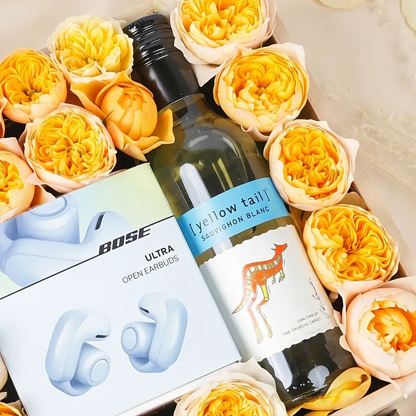 BOSE Noise cancelling Earbuds Wine and Flowers Gift Tray
