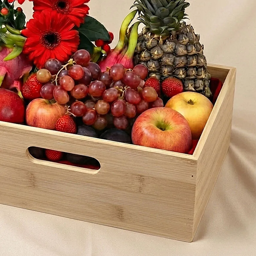 Mixed Red Flowers & Assorted Fruits Oval Basket