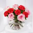 Elegant Love Arrangement: Pink Roses & Red Carnations in Fish Bowl