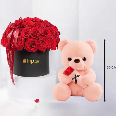 Elegant Red Roses in Luxury Box with Adorable Pink Teddy Bear