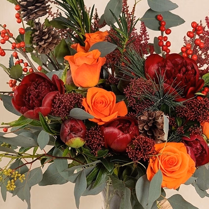 Orange Roses And Red Peonies Vase Arrangement