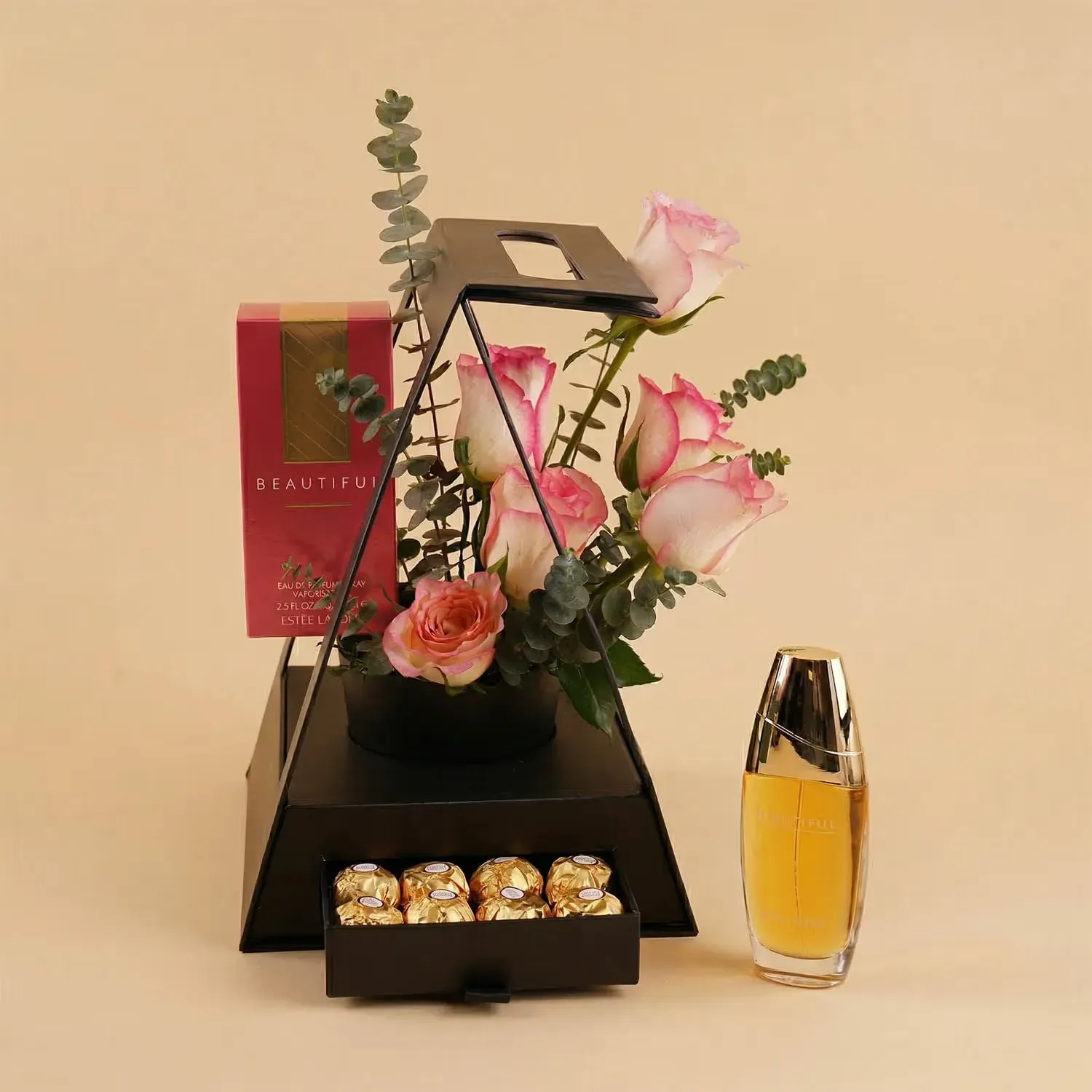 Elegant Gift Set: Pink Roses, Ferrero Rocher & Estee Lauder Perfume