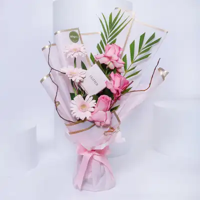 Elegant Sterling Silver Love Necklace with Exquisite Pink Rose and Gerbera Bouquet