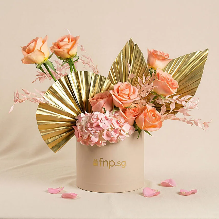 Elegant Peach Rose & Golden Palm Floral Box