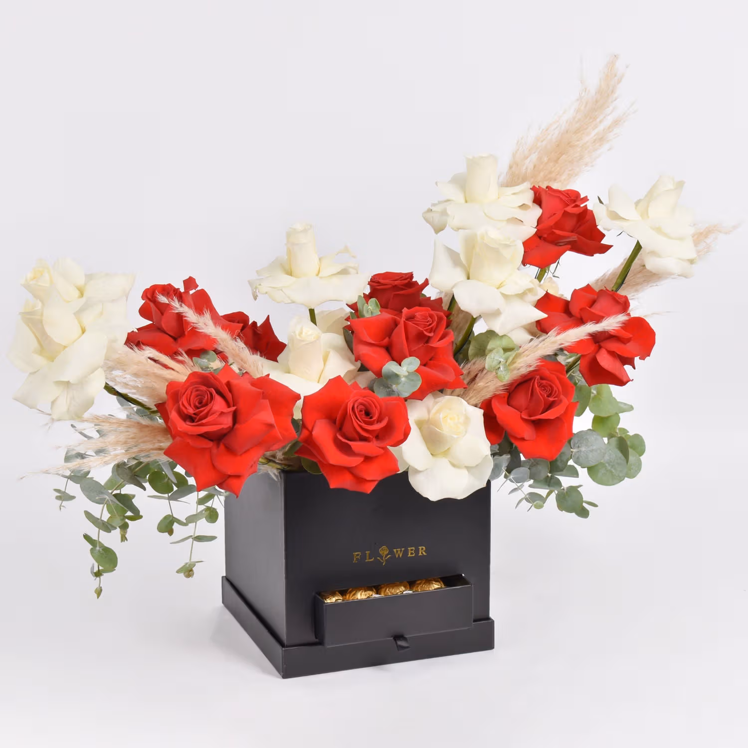 Luxurious Red and White Roses Beauty Box with Ferrero Rocher