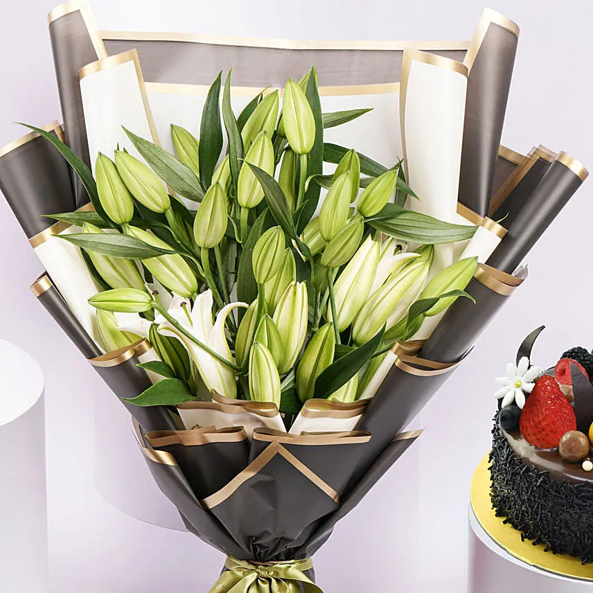 Luxury Lilies With Chocolate Fudge Fantasy Cake